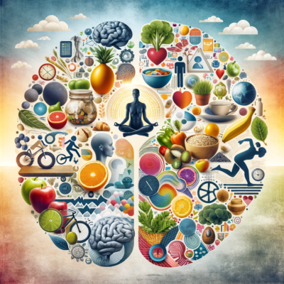تصویری که مطابق با موضوع مورد بحث شما، یعنی تعادل بین سلامت جسمانی و روانی و ارتباط آن با تغذیه سالم و فعالیت بدنی طراحی شده است، در بالا قابل مشاهده است. این تصویر مجموعه‌ای از عناصر مرتبط با سبک زندگی سالم و آرامش ذهنی را نشان می‌دهد. 