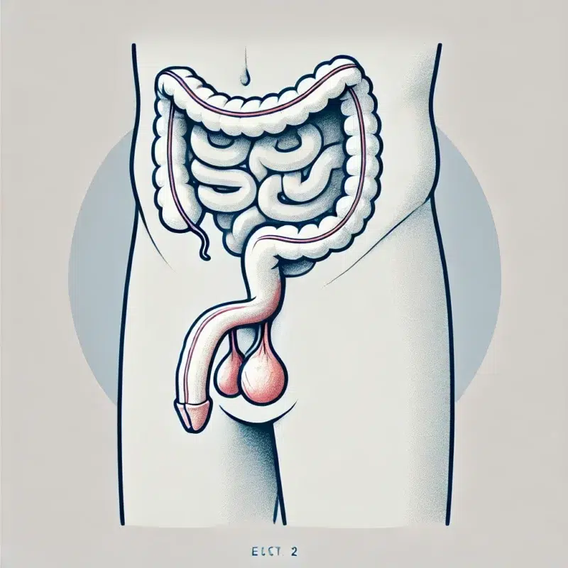 DALL·E 2025 03 06 18.26.51 A minimalistic medical illustration of an inguinal hernia testicular hernia in a human male. The image should show a simple clean cross section of